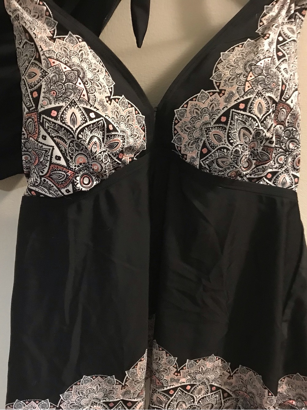 Swimsuits For All Black Tankini with White and Light Pink Paisley Trim
